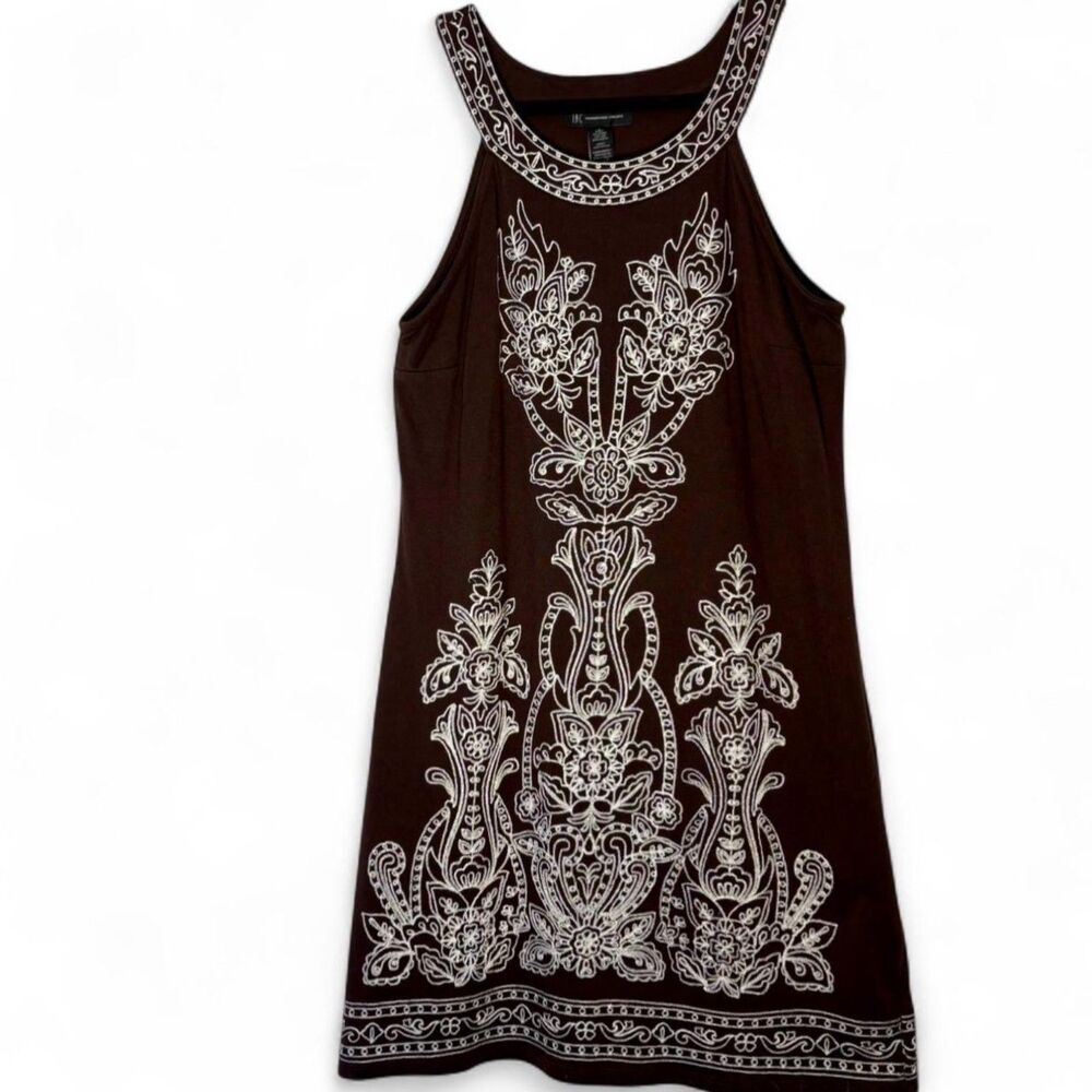 y2K VTG I.N.C. Brown White Contrast Embroidered Boho Midi Dress size L